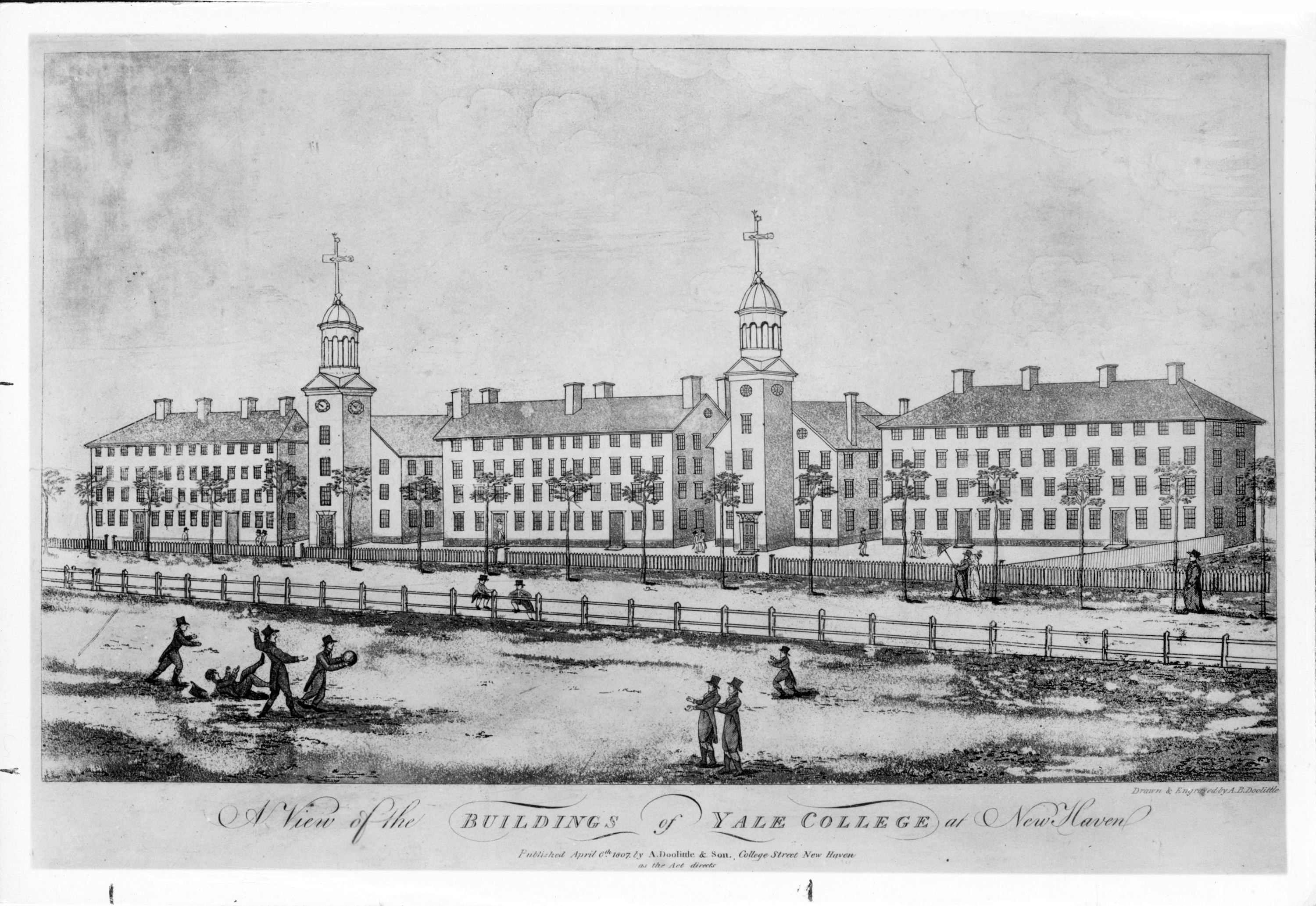 An illustration from 1807 depicts a view of the buildings of Yale College