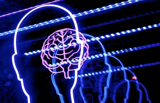 Neon outlines of human heads and a brain